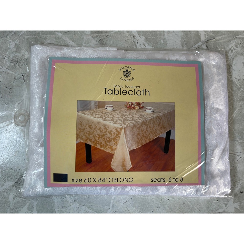 Sultans Linens White Jacquard Tablecloth 60x84 Oblong & 4 Napkins Set‎ Floral